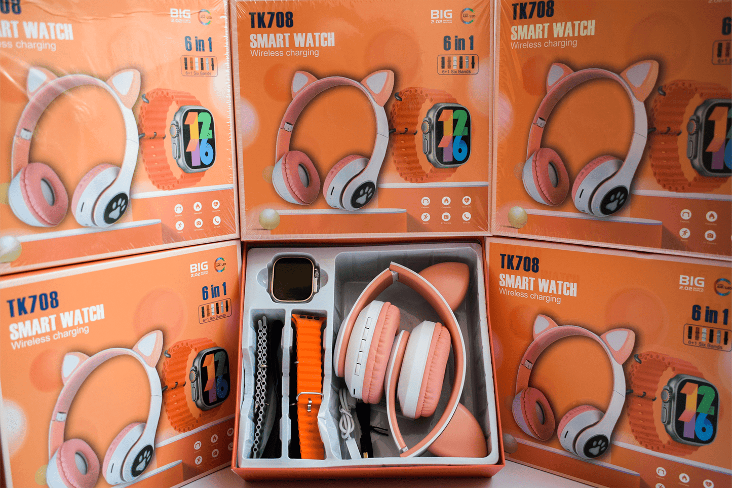 TK708 Smartwatch & Cat‑Style Headphones Bundle – Fitness Tracking & Bluetooth Calling